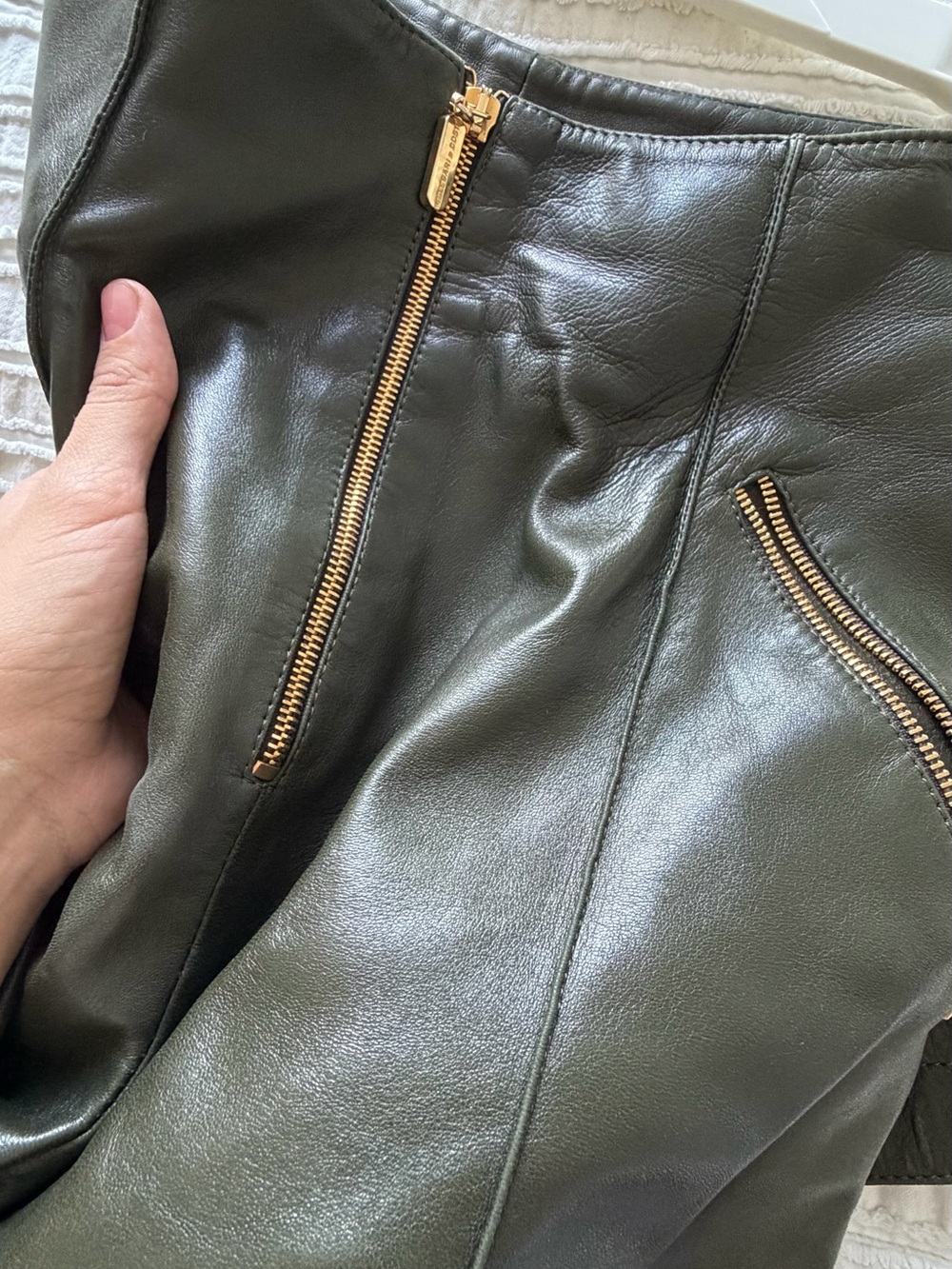 High-Waist Leather Shorts in Olive with Gold Zippers